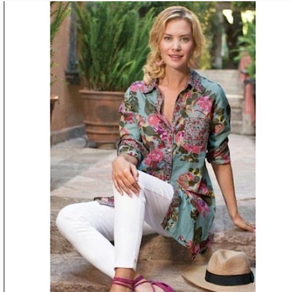 Soft Surroundings New XS Scattered Roses Floral Long Tunic Top Shirt blouse